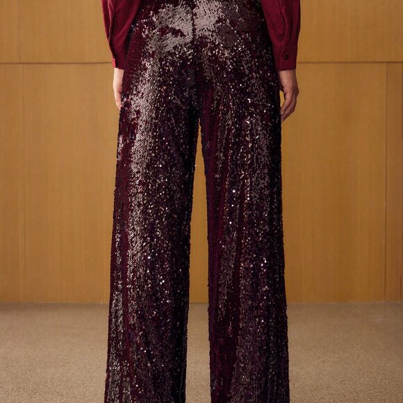 Burgundy Party Women's Contrast Sequin Straight Leg Suit Pants - Picture 2 of 8